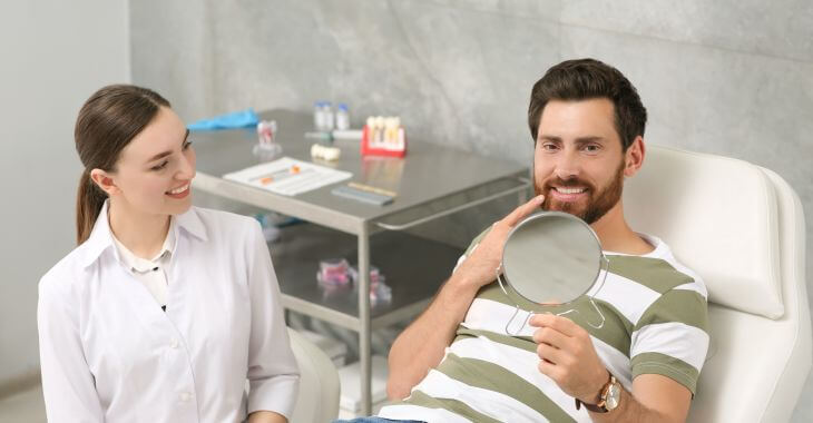 A dentist and a satisfied man in a dental chair looking at  his restored tooth in a mirror.