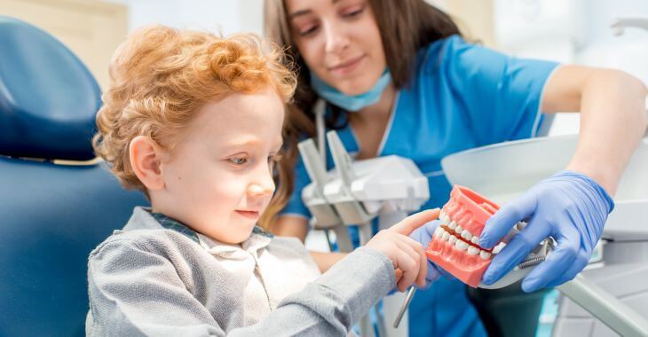A dentist with a dental model explaining the procedure to a little boy sitting in a dental chair