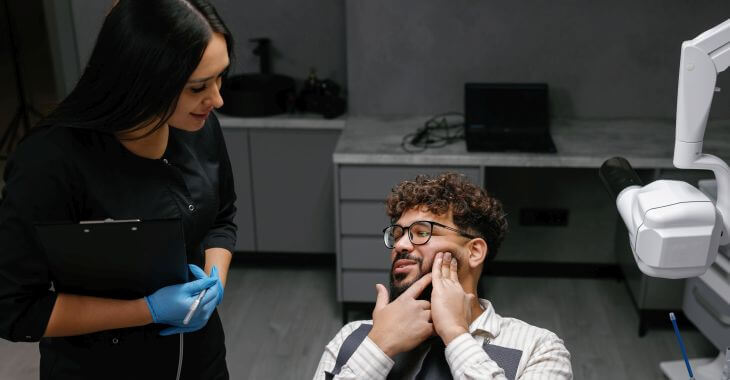 Dentist and a male patient sitting in a dental chair and pointing at his jaw while explaining the issue